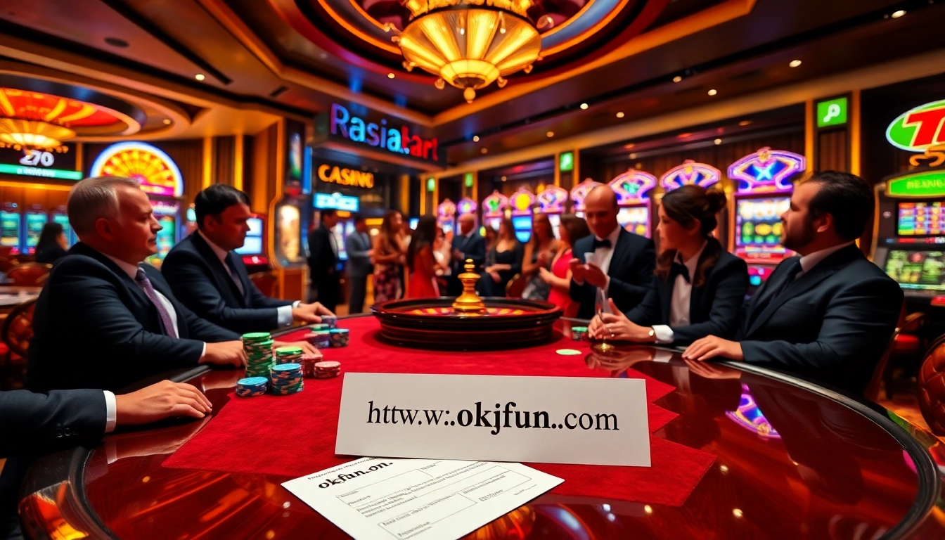 Exciting scene of players around a poker table at a casino featuring https://okfun.accountant/ betting activity.