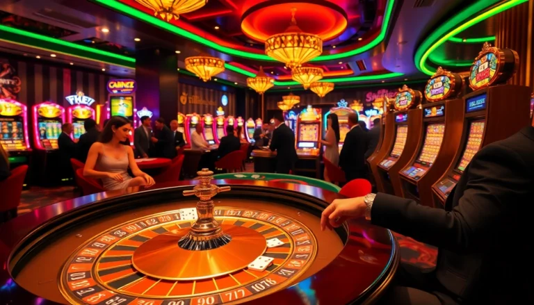 Experience the allure of f8bet casino with vibrant roulette action amidst dazzling slot machines.