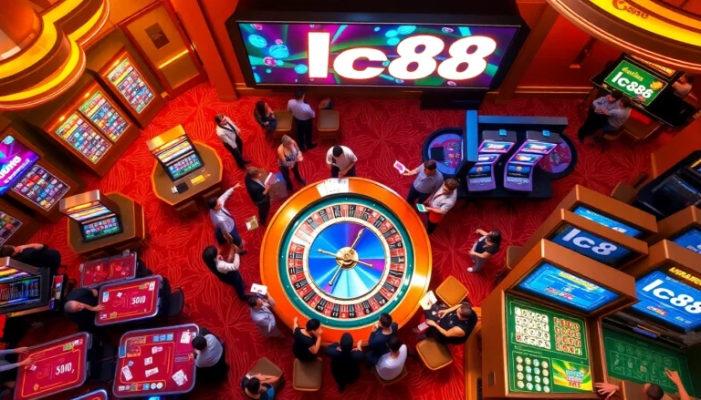 Experience the vibrant excitement at lc88 casino with players enjoying roulette and slots.